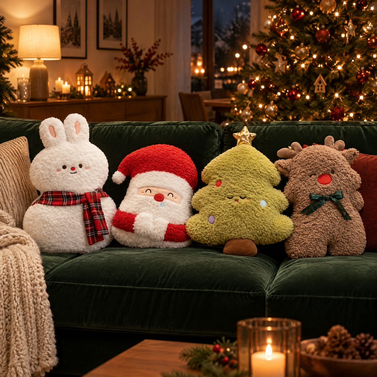 Quatre coussins de Noël en forme de lapin, Père Noël, sapin et renne sur un canapé en velours vert