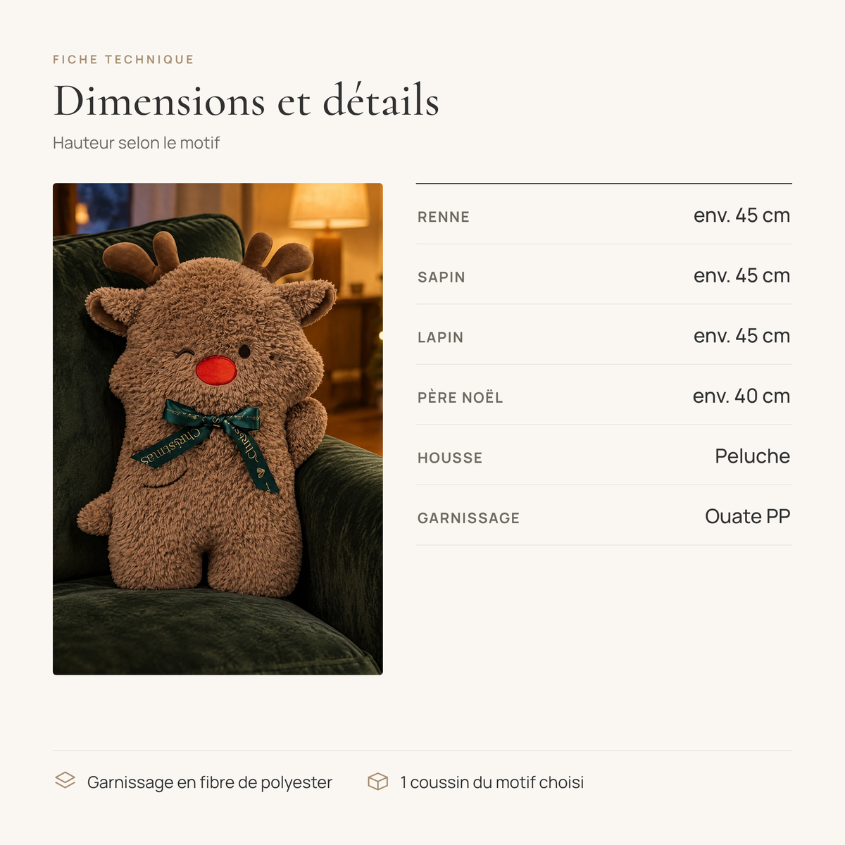Fiche technique du coussin de Noël : renne, sapin et lapin env. 45 cm, Père Noël env. 40 cm, peluche garnie d'ouate PP