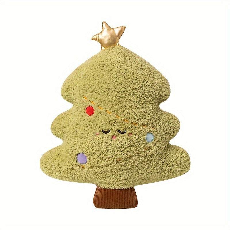 Coussin de Noël sapin en peluche verte avec étoile dorée sur fond blanc
