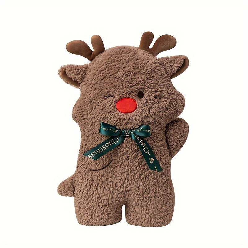Coussin de Noël renne en peluche marron avec nœud vert sur fond blanc