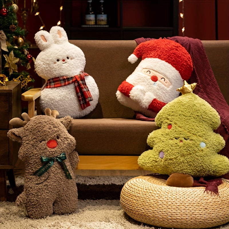 Les quatre coussins de Noël renne, lapin, Père Noël et sapin dans un salon décoré pour les fêtes