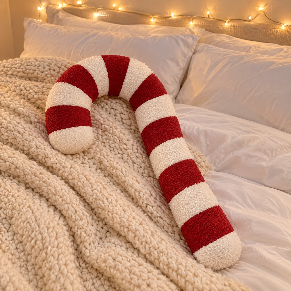 Coussin sucre d'orge rouge posé sur un plaid en tricot dans une chambre, le soir