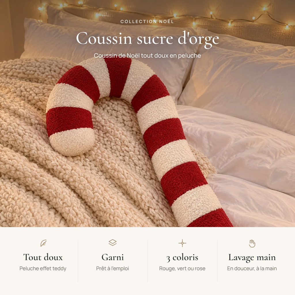 Avantages du coussin de Noël sucre d'orge : tout doux, garni, 3 coloris, lavage à la main