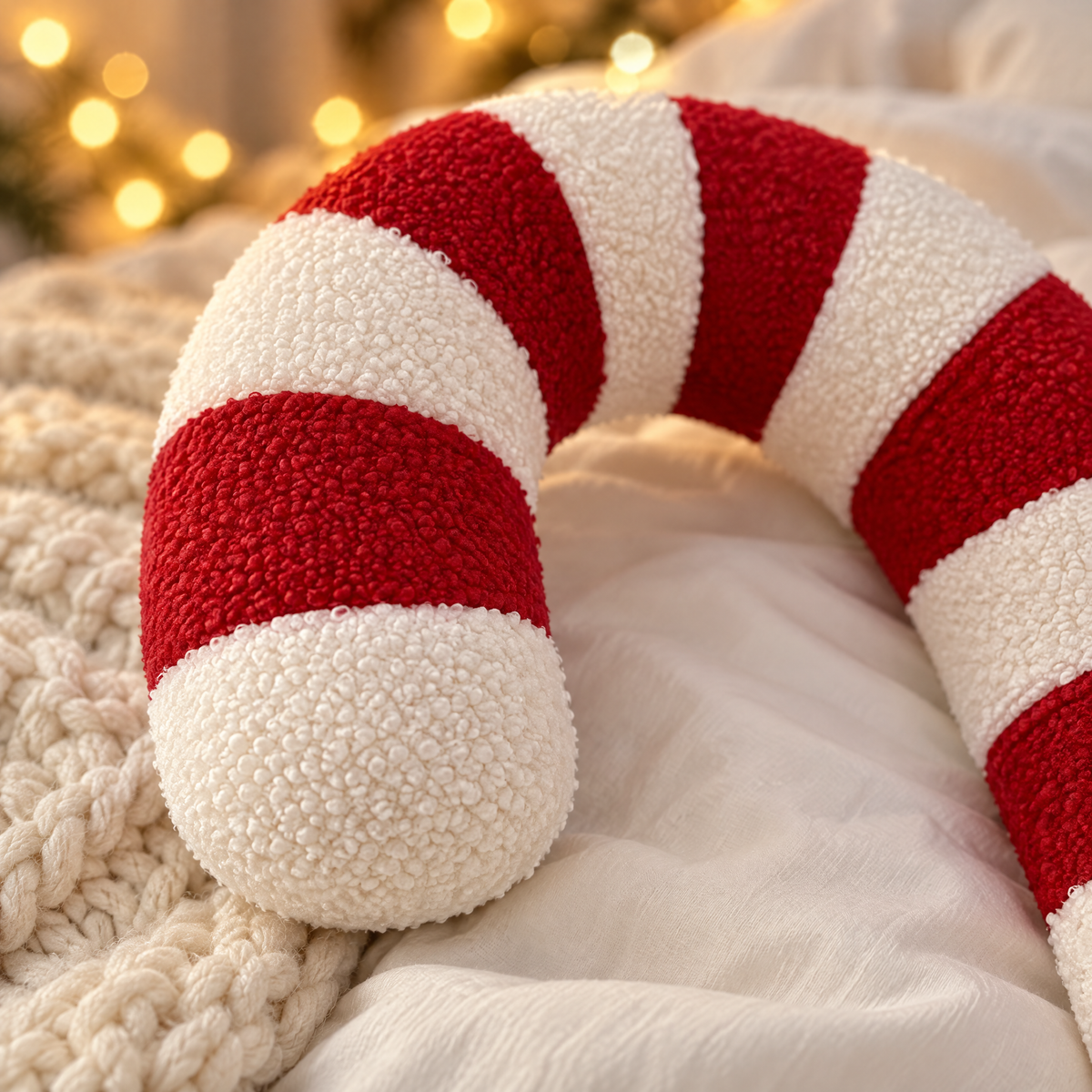 Gros plan sur le coussin sucre d'orge en peluche effet teddy à rayures rouges et blanches