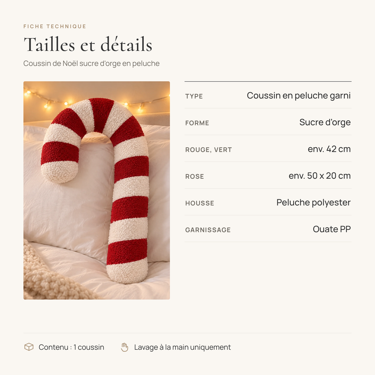 Tailles du coussin de Noël sucre d'orge : rouge et vert env. 42 cm, rose env. 50 x 20 cm, peluche polyester