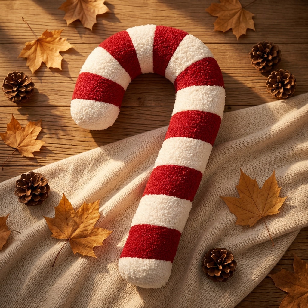 Coussin sucre d'orge rouge sur du bois avec pommes de pin et feuilles d'automne