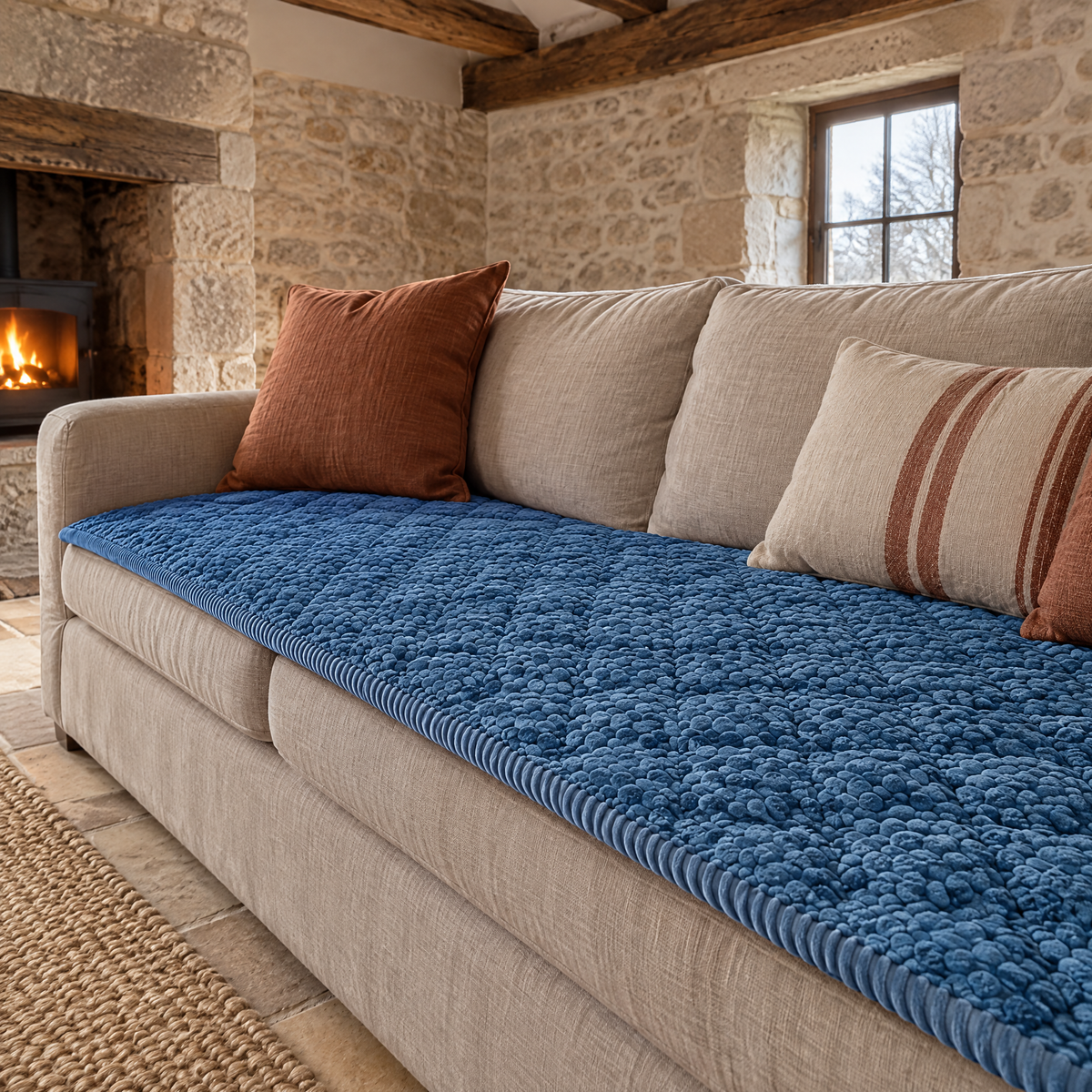 Couvre canapé matelassé bleu posé sur un canapé en lin dans une longère en pierre