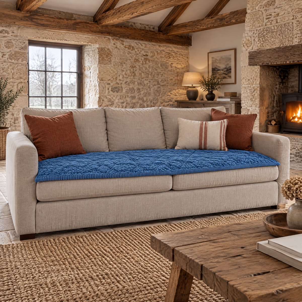 Couvre canapé matelassé bleu sur un canapé en lin face à une cheminée en pierre