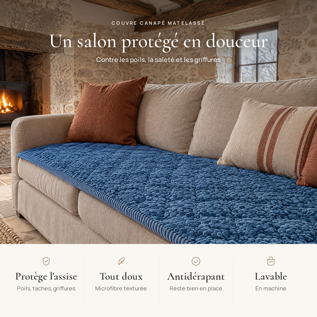 Avantages du couvre canapé matelassé : protège, doux, antidérapant, lavable