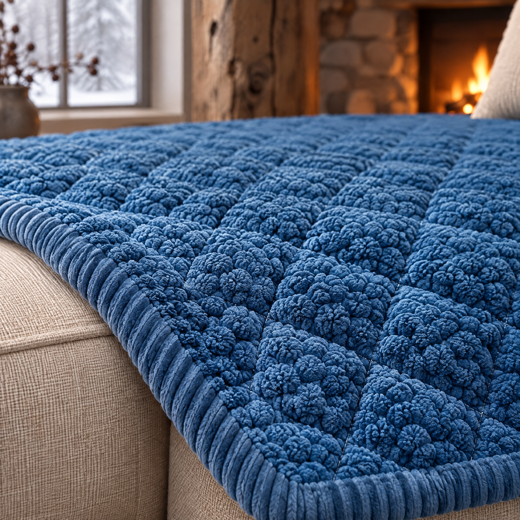 Gros plan sur la texture matelassée et la bordure côtelée du couvre canapé bleu