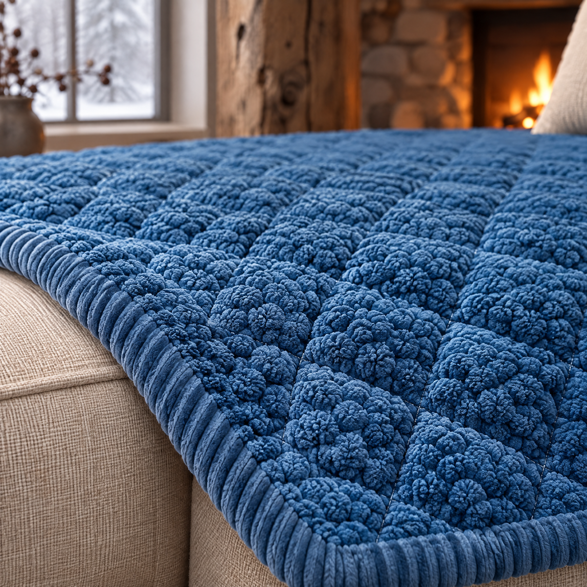 Gros plan sur la texture matelassée et la bordure côtelée du couvre canapé bleu