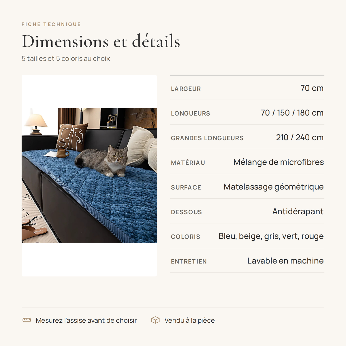 Fiche technique du couvre canapé matelassé : 5 tailles, microfibre, dessous antidérapant