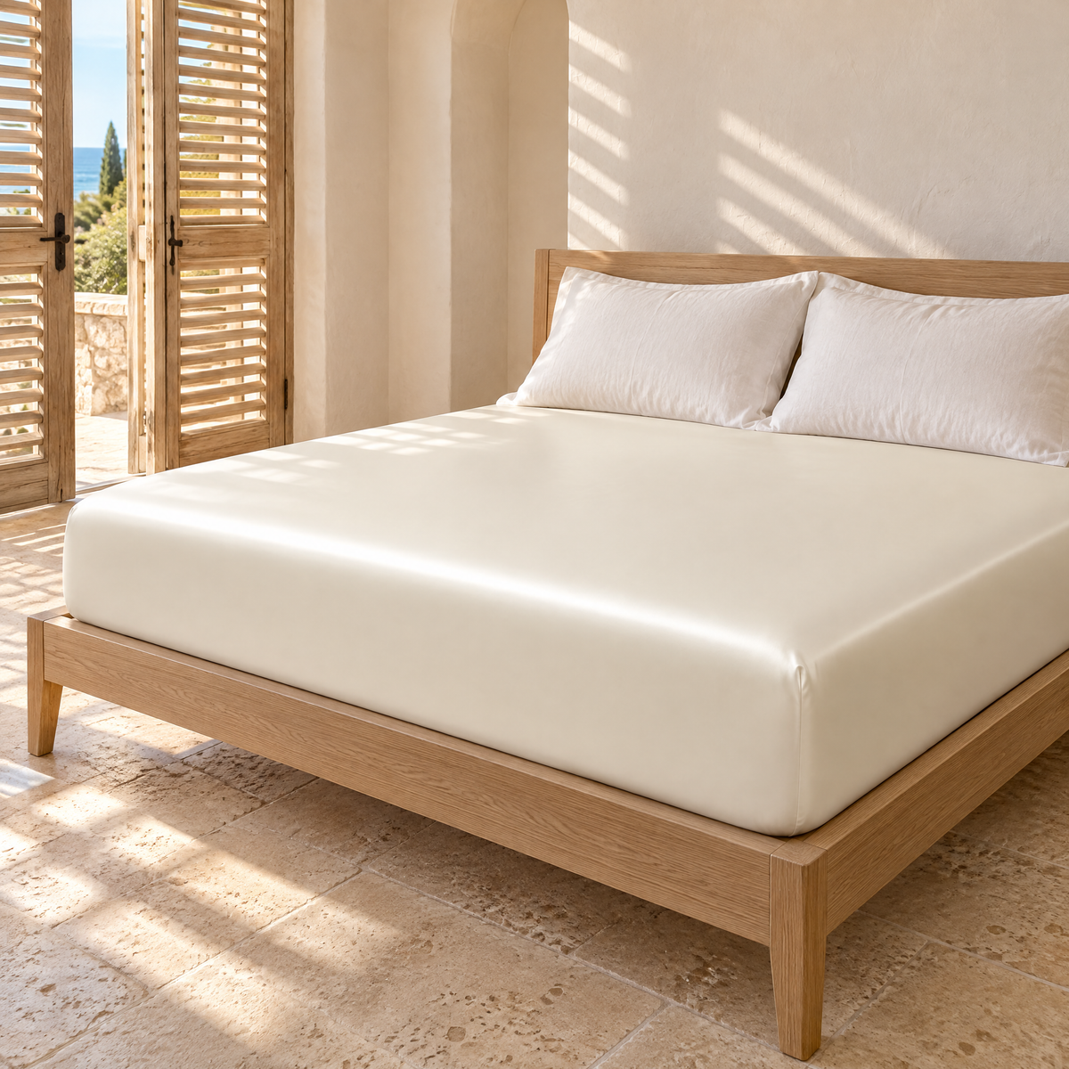 Drap-housse aspect satiné blanc sur un lit double dans une chambre méditerranéenne aux volets mi-clos