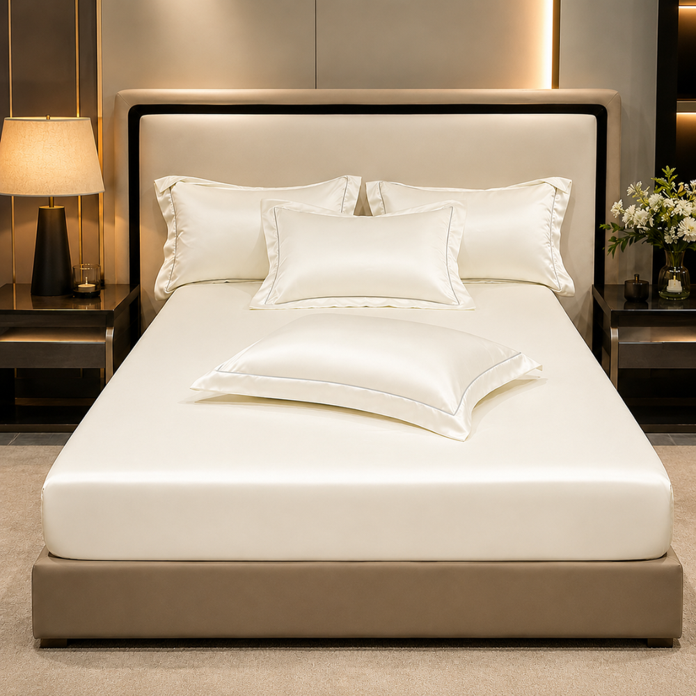 Drap-housse aspect satiné blanc sur un lit double