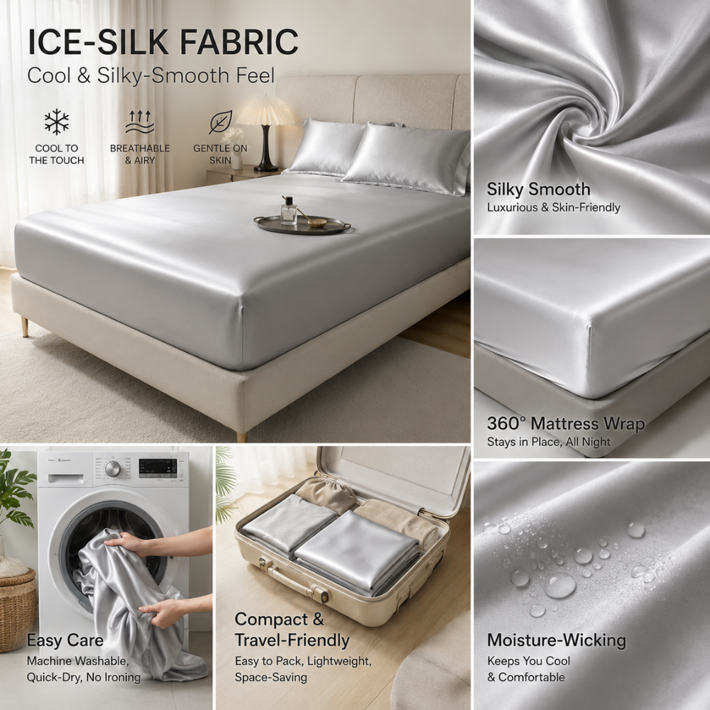 Présentation du tissu du drap-housse aspect satiné gris clair, lavable en machine