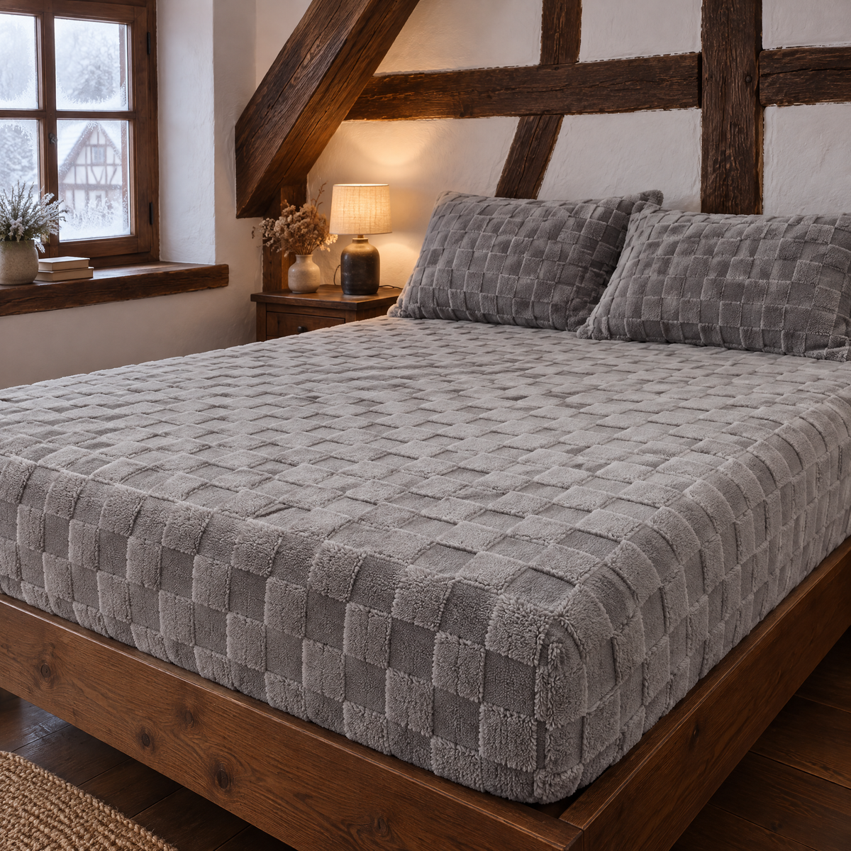 Drap-housse doux et chaud gris à carreaux en relief sur un lit double dans une chambre mansardée à colombages