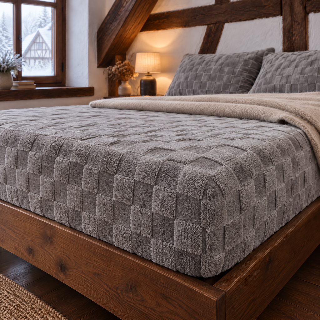 Coin de lit habillé du drap-housse doux et chaud gris à carreaux en relief, sous les poutres d'une chambre mansardée