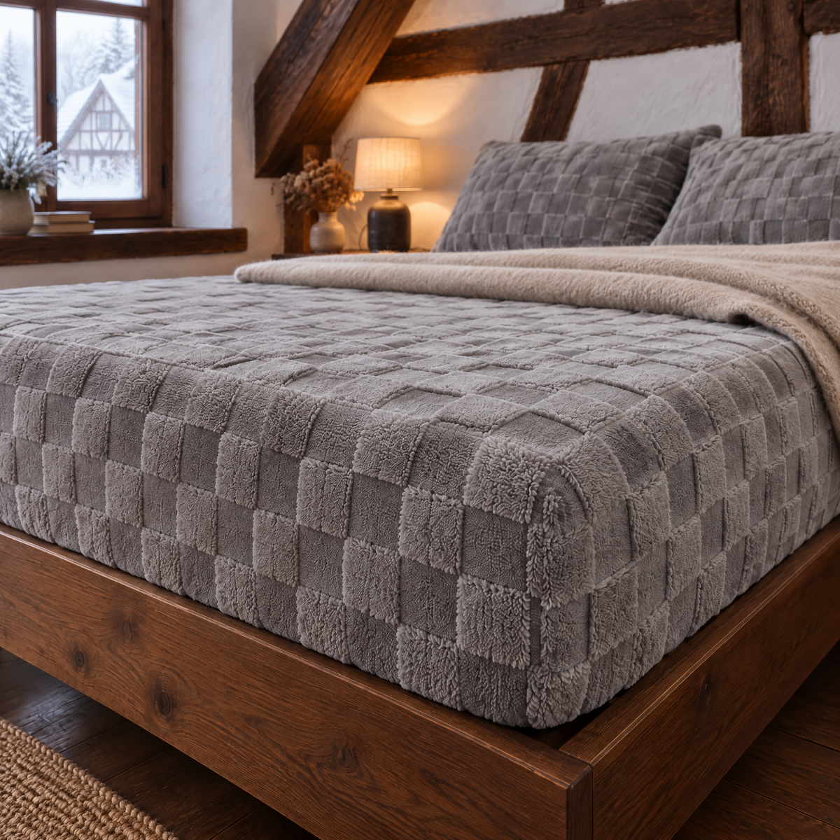 Coin de lit habillé du drap-housse doux et chaud gris à carreaux en relief, sous les poutres d'une chambre mansardée