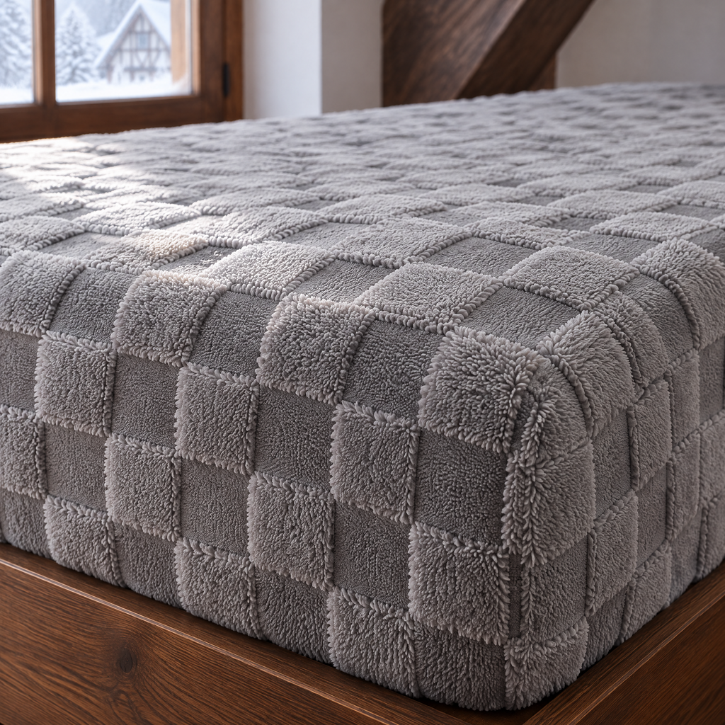 Gros plan sur le tissu moelleux à carreaux en relief du drap-housse gris