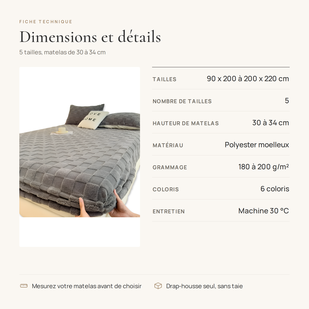 Fiche technique du drap-housse doux et chaud : 5 tailles, matelas de 30 à 34 cm, polyester 180 à 200 g/m²