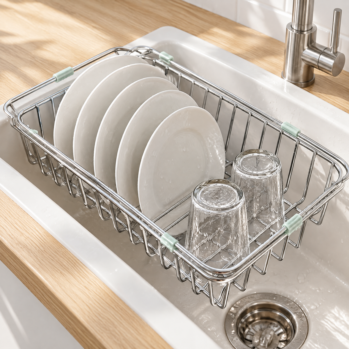 Égouttoir vaisselle extensible en inox posé sur un évier blanc, avec assiettes et verres