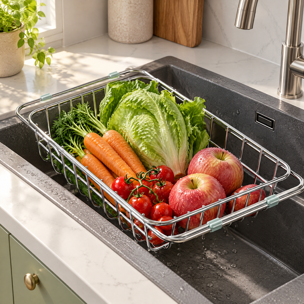 Égouttoir vaisselle inox extensible avec légumes et pommes fraîchement lavés au-dessus d'un évier gris