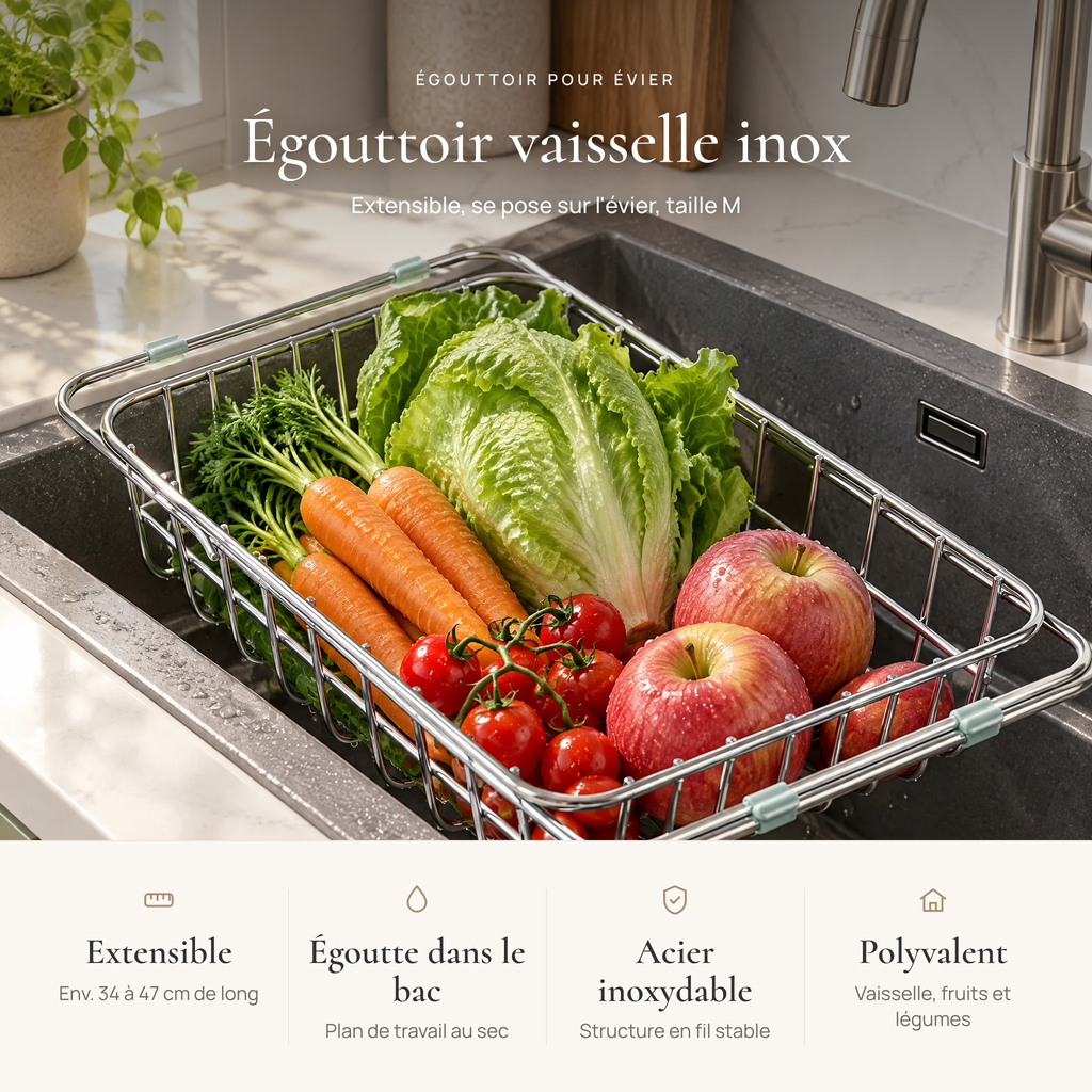 Avantages de l'égouttoir vaisselle inox : extensible d'env. 34 à 47 cm, égoutte dans le bac, structure stable, vaisselle et légumes
