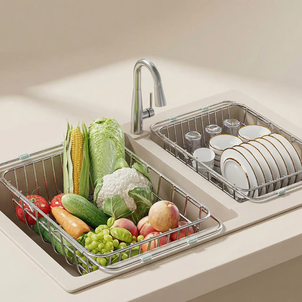 Égouttoir vaisselle en inox rempli de légumes dans un évier double beige, à côté d'un second égouttoir garni d'assiettes et de verres