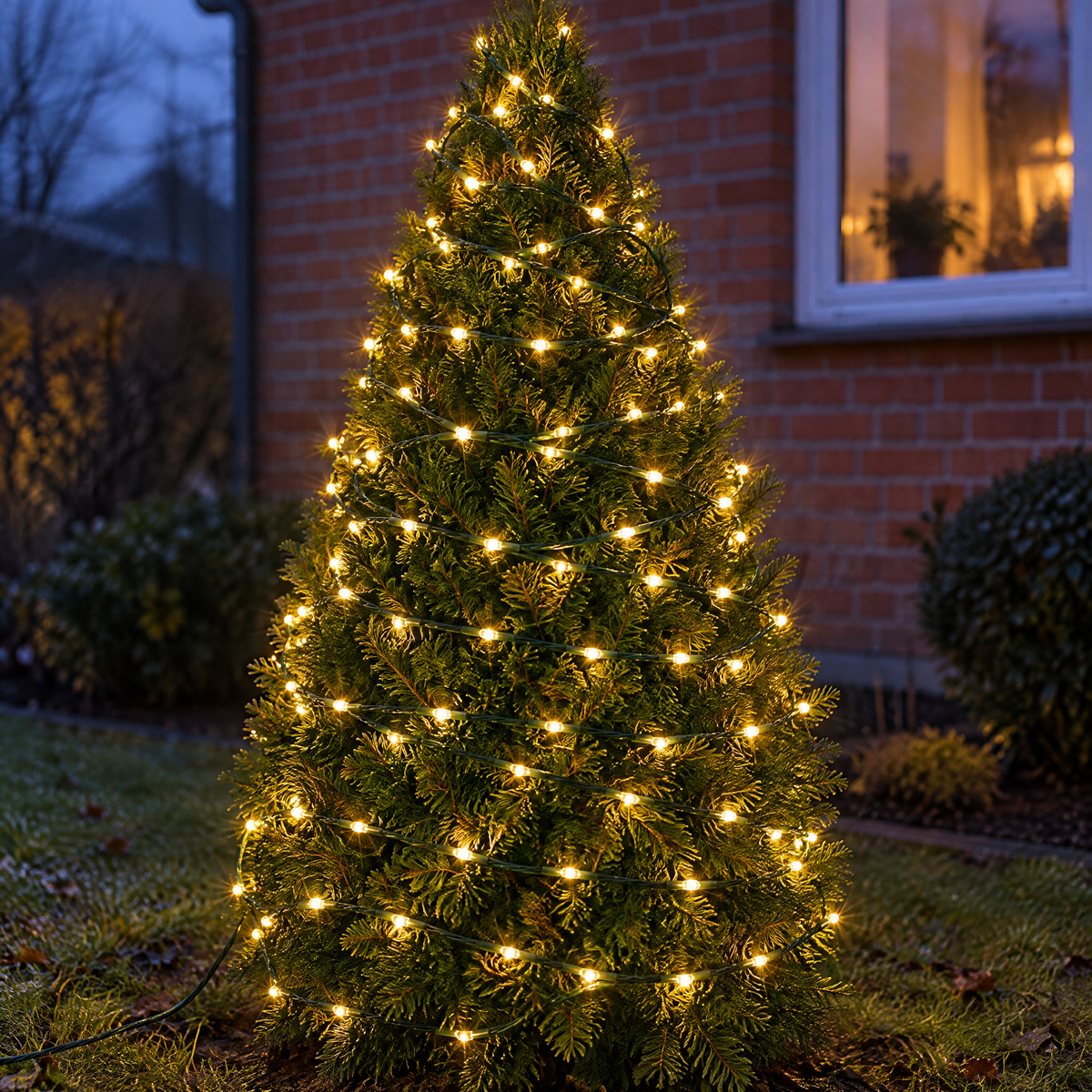 Guirlande lumineuse extérieure blanc chaud sur un thuya dans le jardin devant la maison le soir, fil vert entre les branches