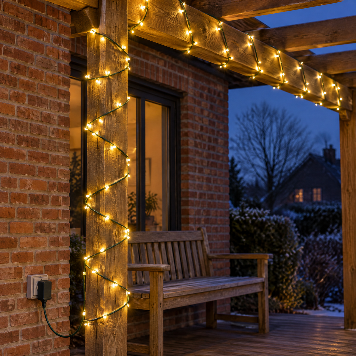 Guirlande LED blanc chaud autour des poteaux et poutres d'une pergola sur la terrasse, bloc d'alimentation branché sur la prise extérieure