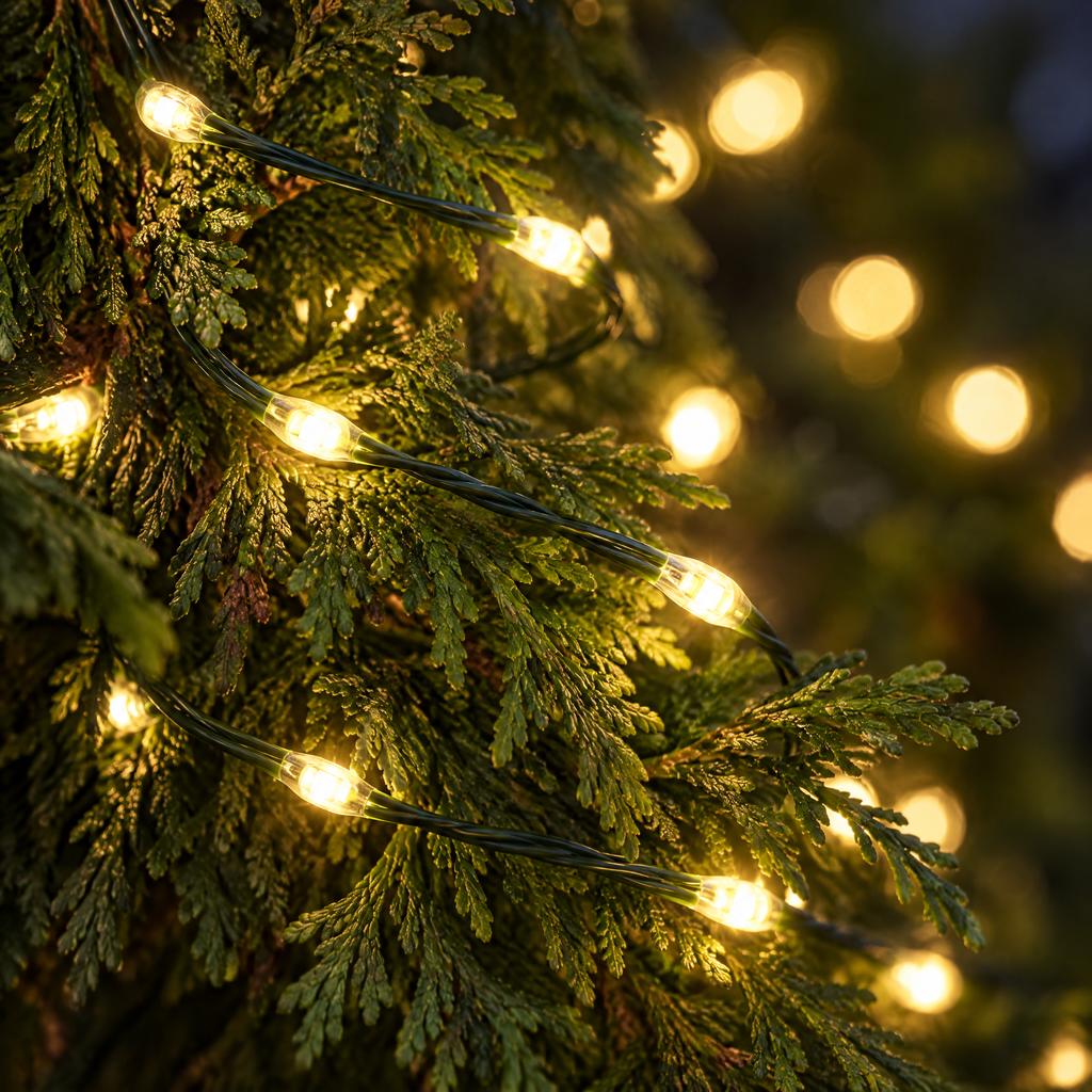 Gros plan de la guirlande lumineuse extérieure : LED blanc chaud sur fil vert en PVC entre les branches de thuya