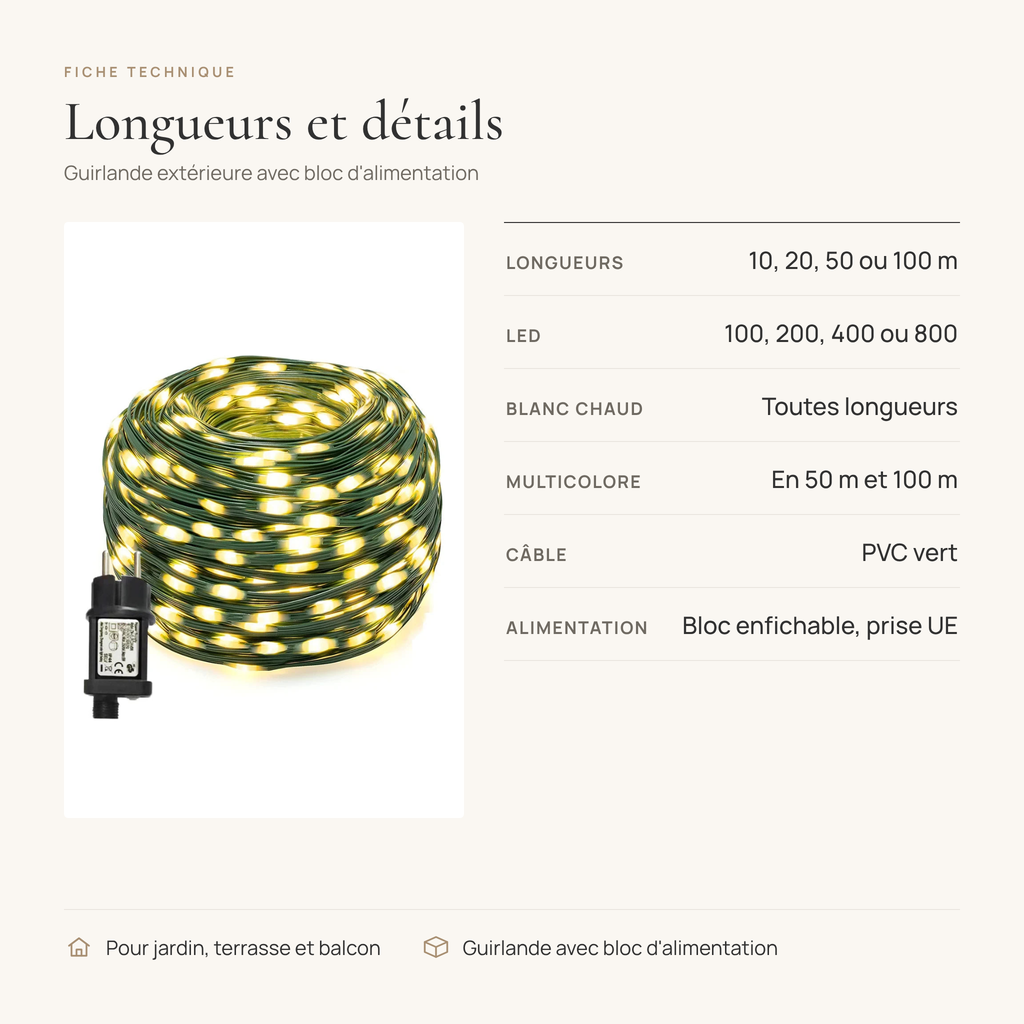 Longueurs et détails de la guirlande lumineuse extérieure : 10, 20, 50 ou 100 m, 100 à 800 LED, bloc d'alimentation