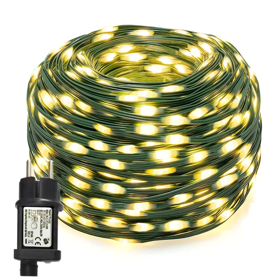 Guirlande extérieure blanc chaud enroulée, fil vert avec bloc d'alimentation