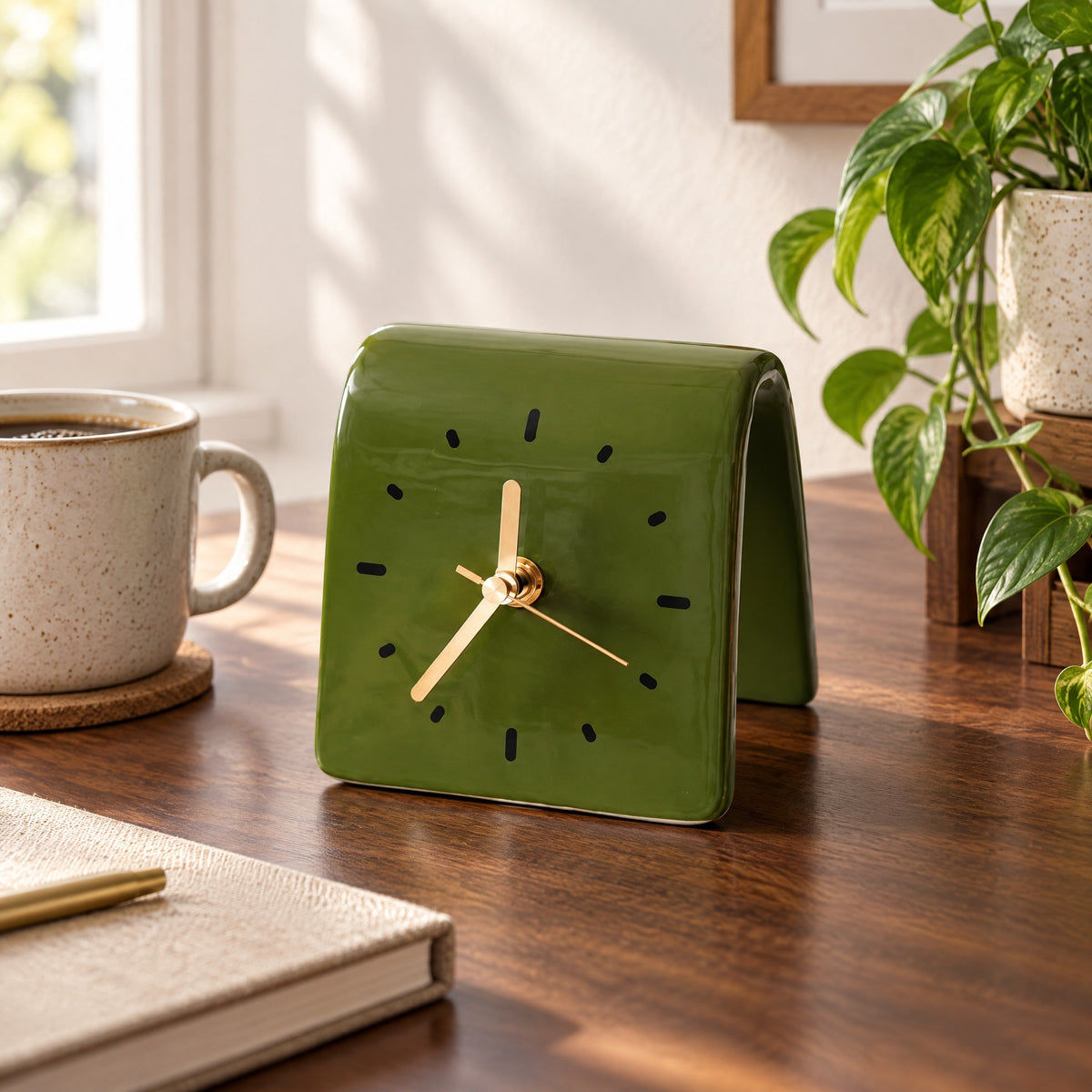 Horloge design à poser vert olive en céramique sur un bureau en noyer, lumière du matin