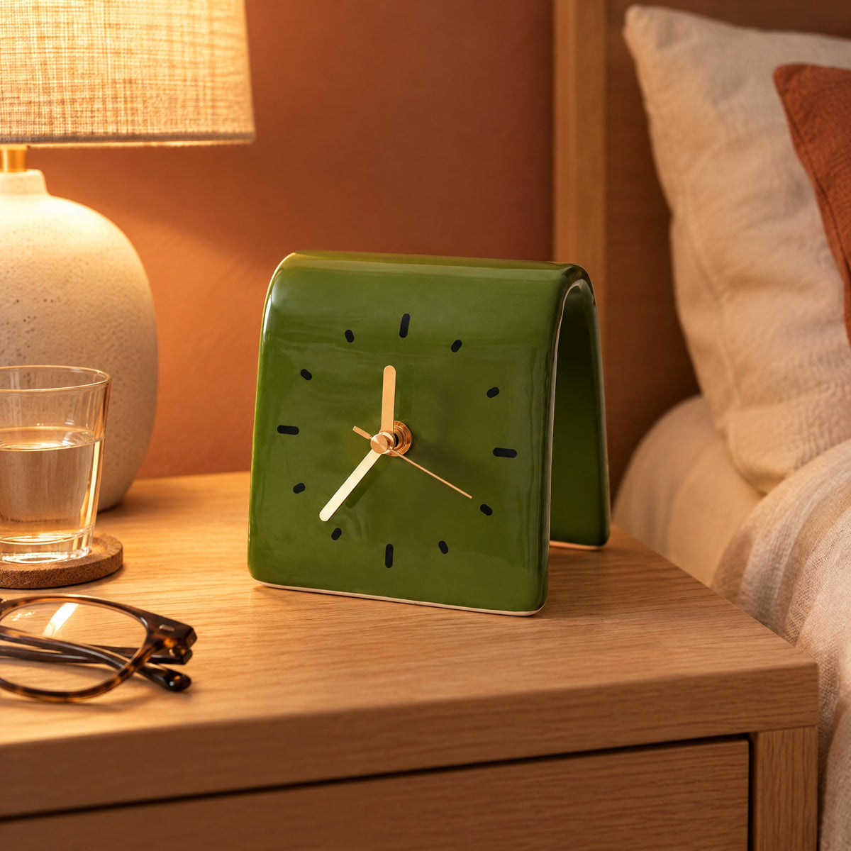 Horloge à poser en céramique vert olive sur une table de chevet, le soir à la lumière d'une lampe
