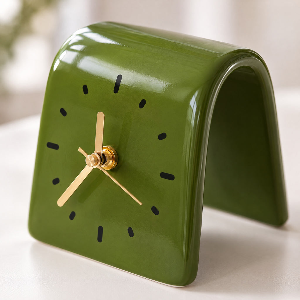 Gros plan sur la forme en arche et les aiguilles dorées de l'horloge en céramique vert olive