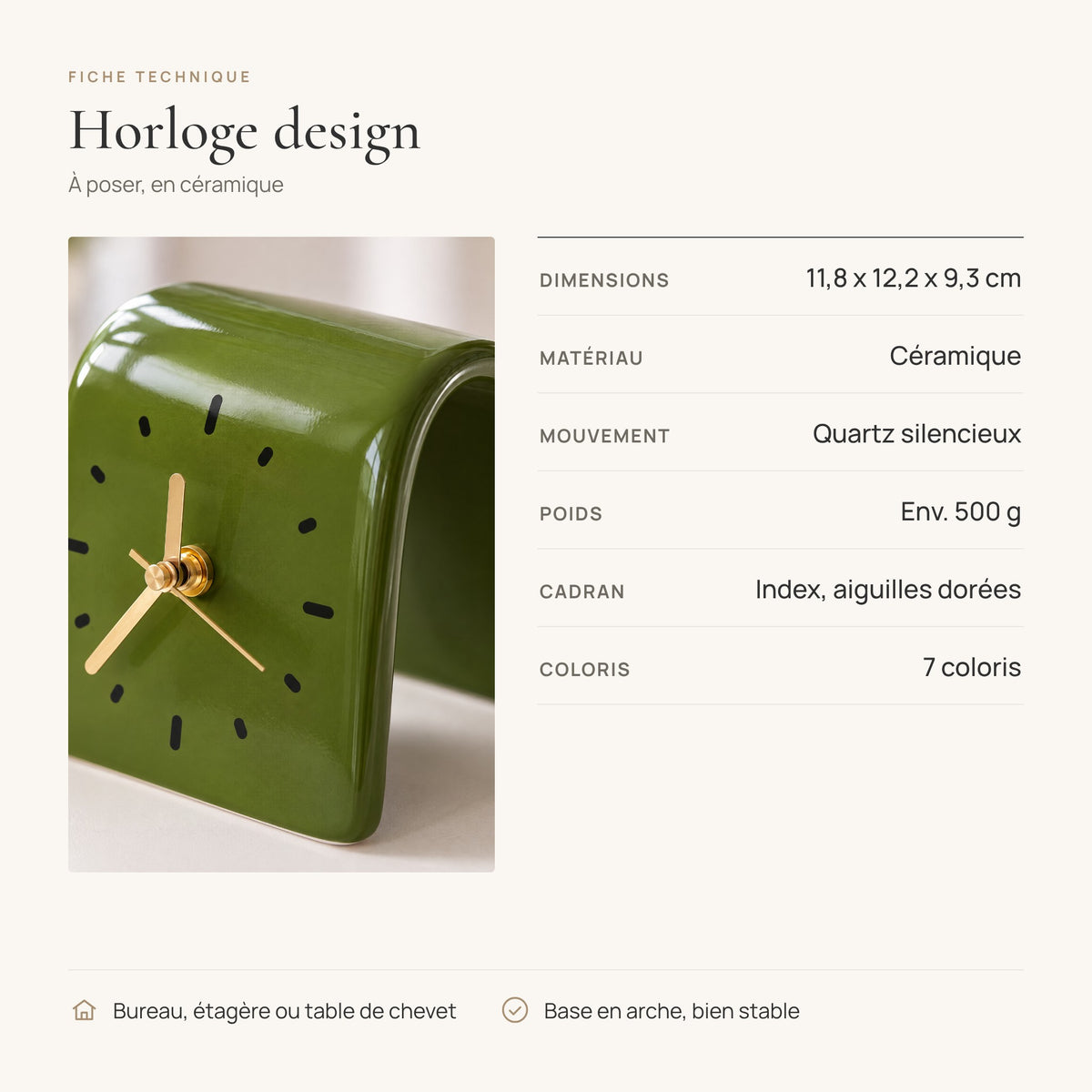 Fiche technique de l'horloge design à poser en céramique, 11,8 x 12,2 x 9,3 cm