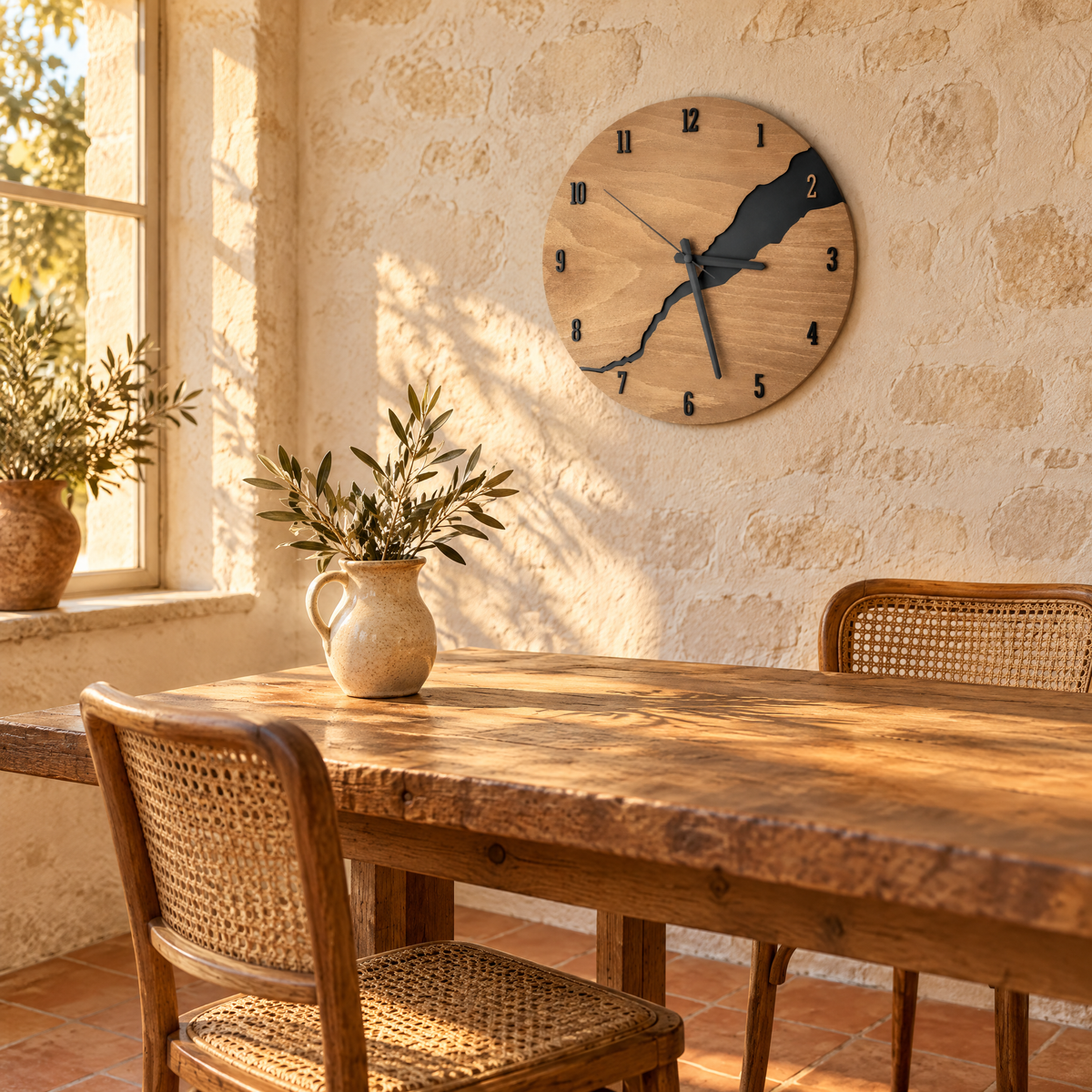 Horloge murale bois au-dessus d'une table de salle à manger rustique