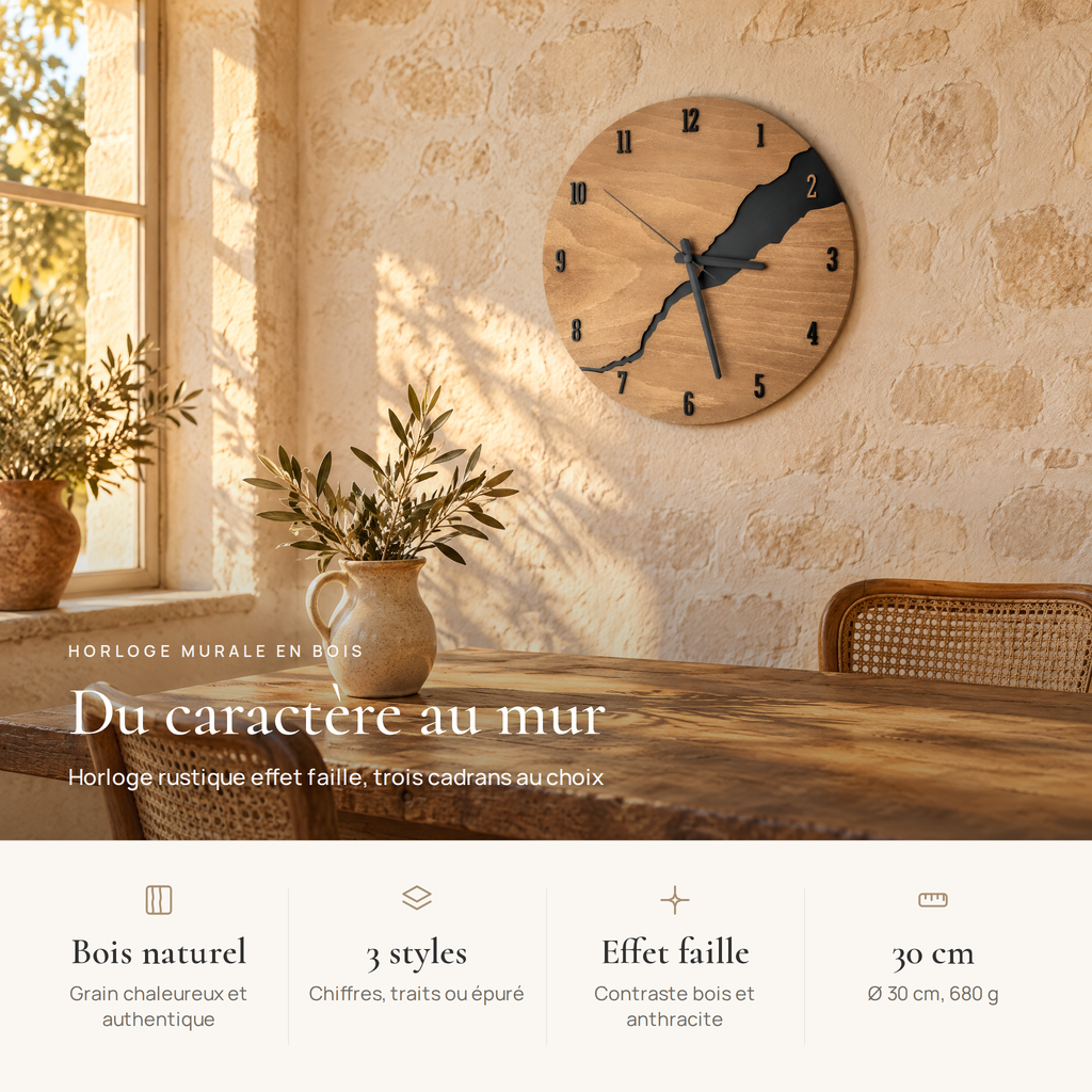 Avantages de l'horloge murale bois : bois naturel, 3 styles, effet faille, 30 cm