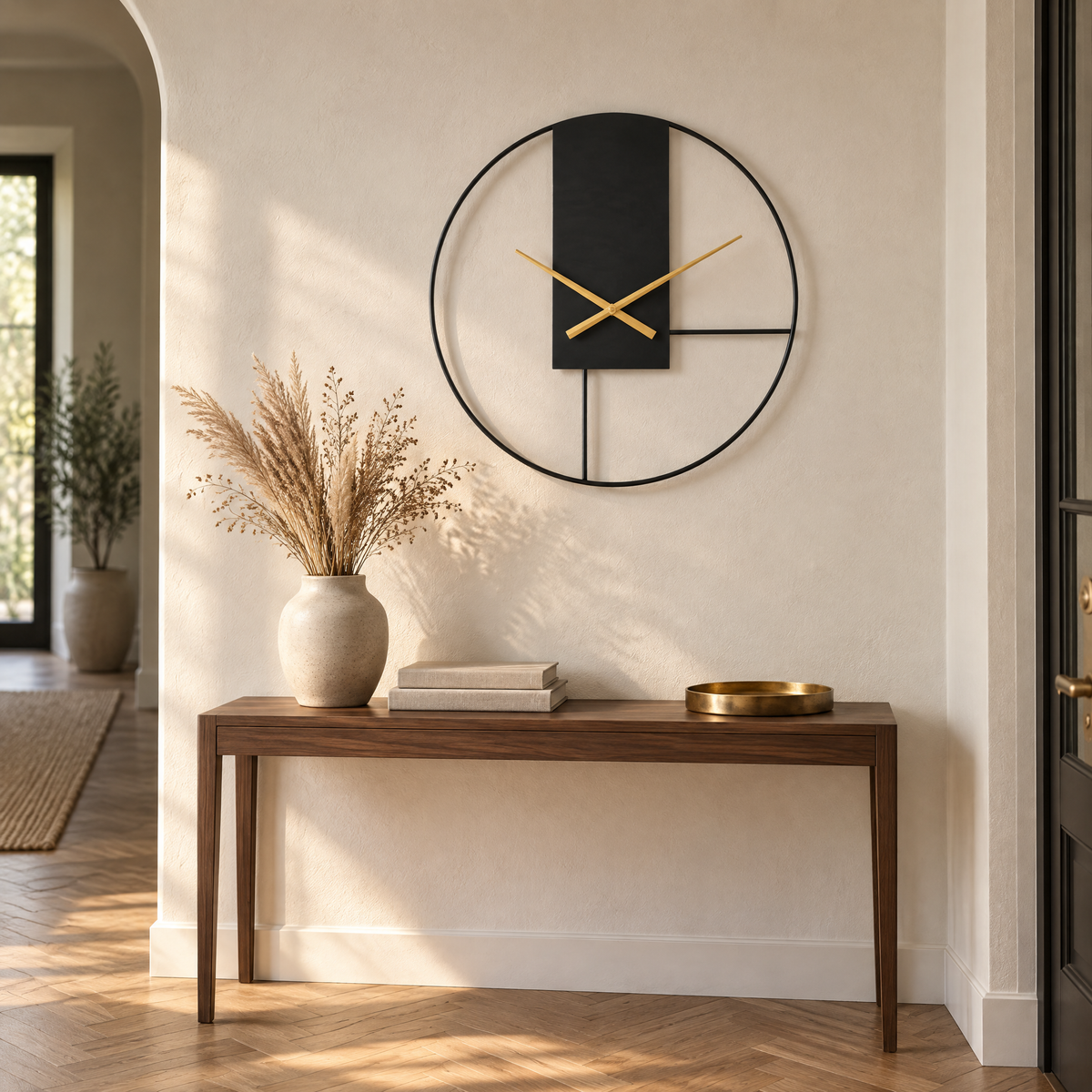 Horloge murale noire aux aiguilles dorées au-dessus d'une console en noyer dans une entrée
