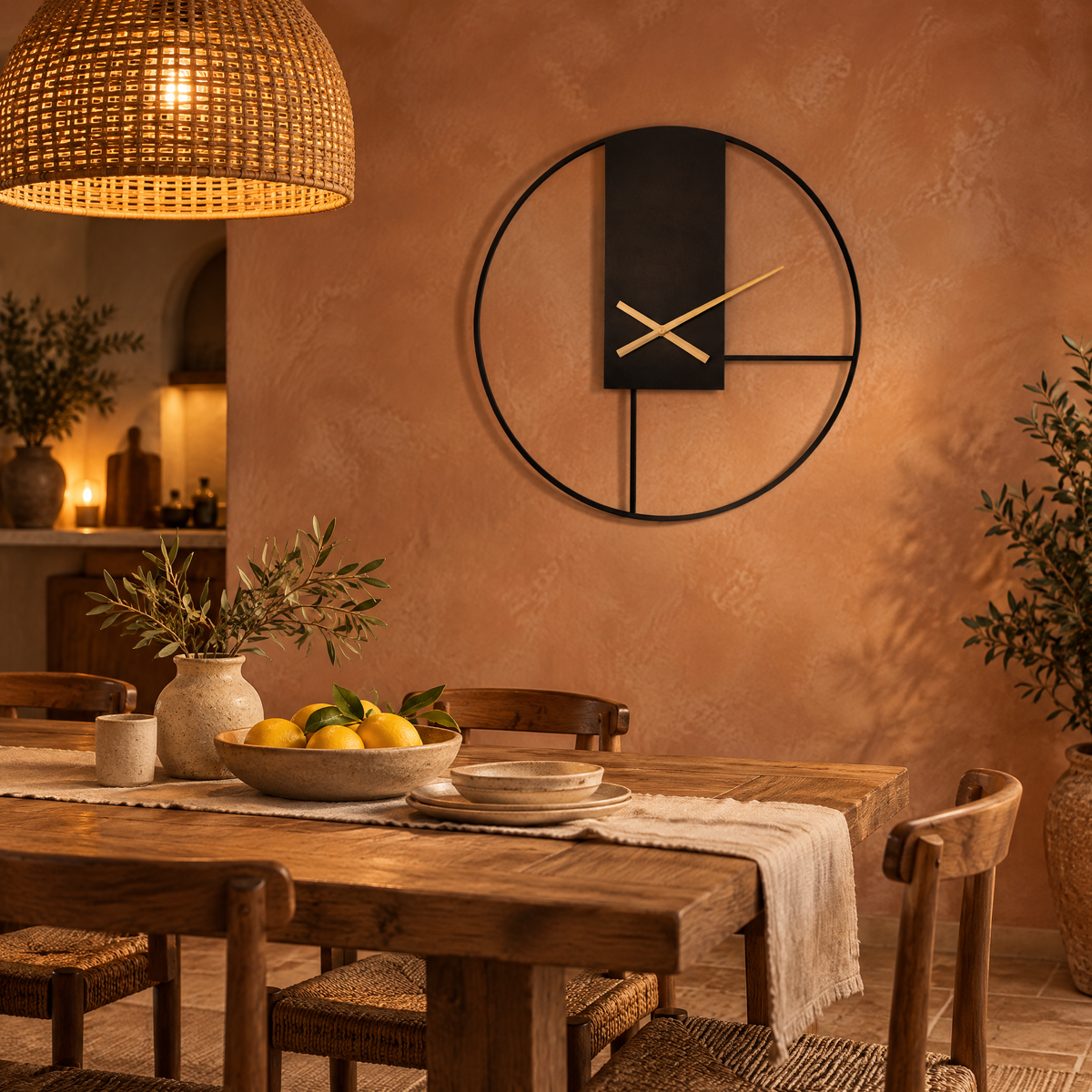 Horloge murale design noire sur un mur terracotta au-dessus d'une table en chêne le soir