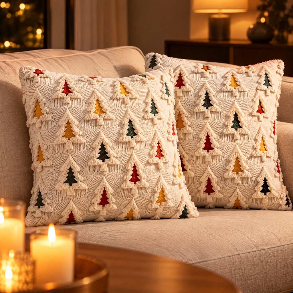 Deux housses de coussin de Noël 45x45 beiges en peluche aux sapins colorés en relief 3D sur un canapé en lin, à la lumière des bougies