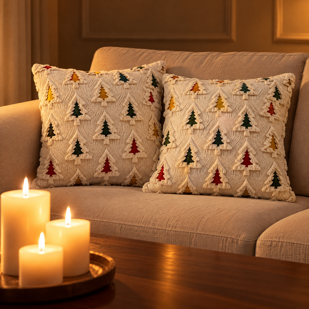 Housses de coussin de Noël en lot de 2 à motif sapins sur un canapé en lin beige, bougies sur une table basse en noyer