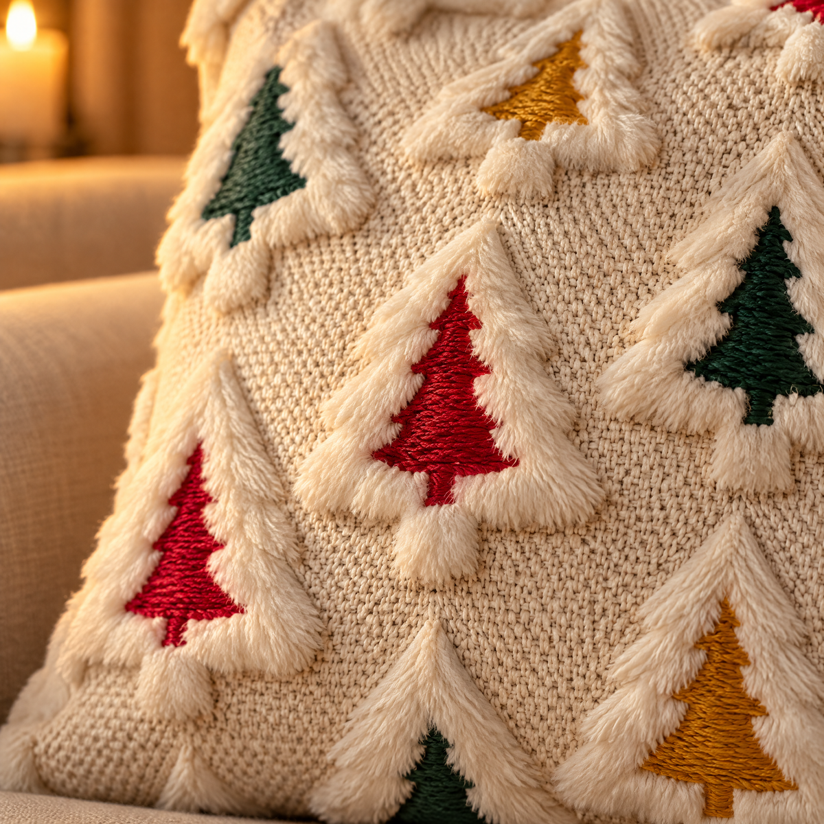 Gros plan sur les sapins tuftés rouges, verts et dorés sur un tricot beige