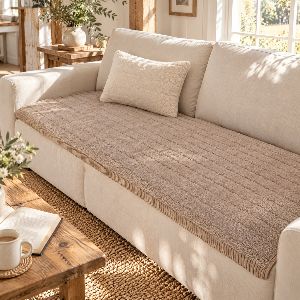 Housse de canapé café au lait en peluche matelassée sur un canapé en lin, salon de campagne au soleil du matin