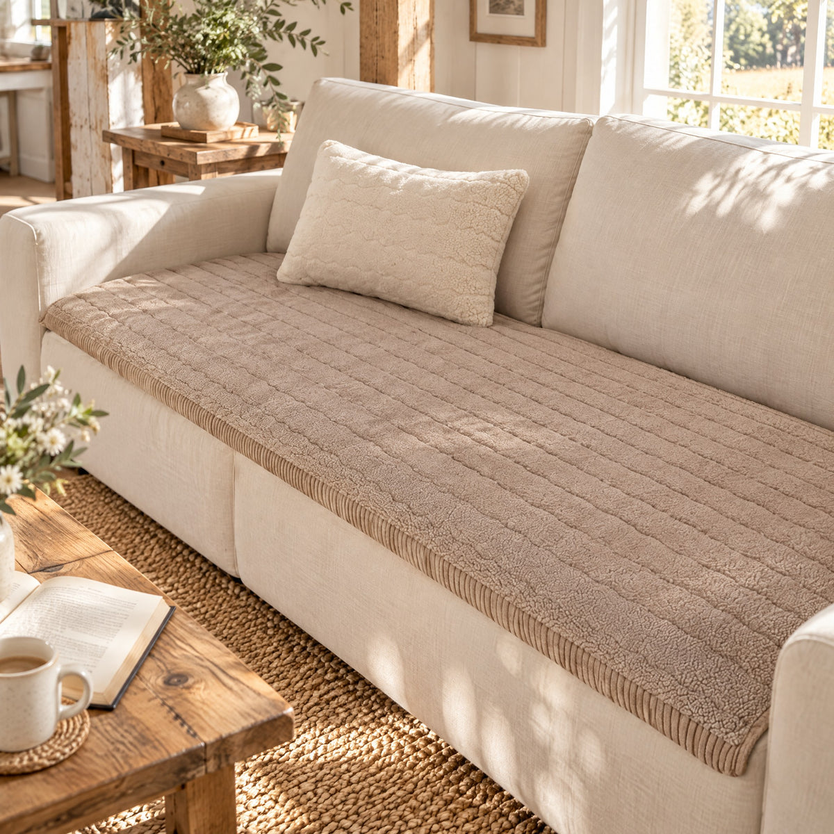 Housse de canapé café au lait en peluche matelassée sur un canapé en lin, salon de campagne au soleil du matin