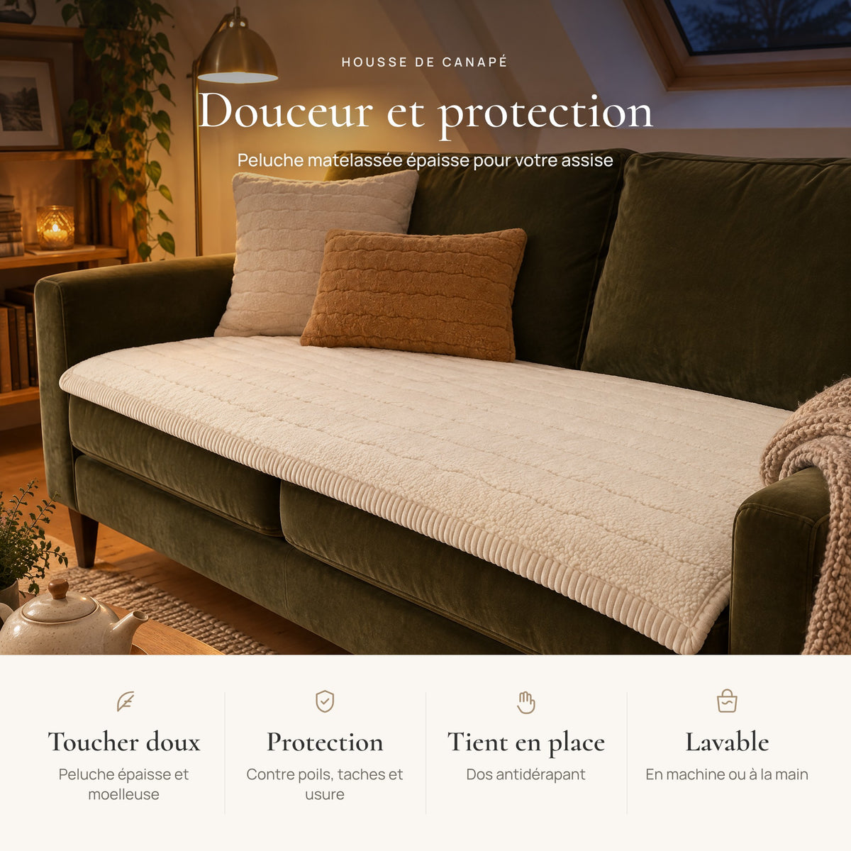 Avantages de la housse de canapé : toucher doux, protection, dos antidérapant, lavable