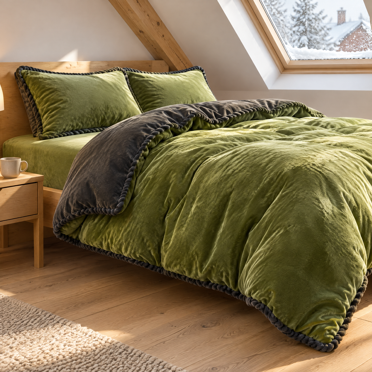 Parure de lit flanelle vert mousse avec drap et taies dans une chambre mansardée en lumière d'hiver