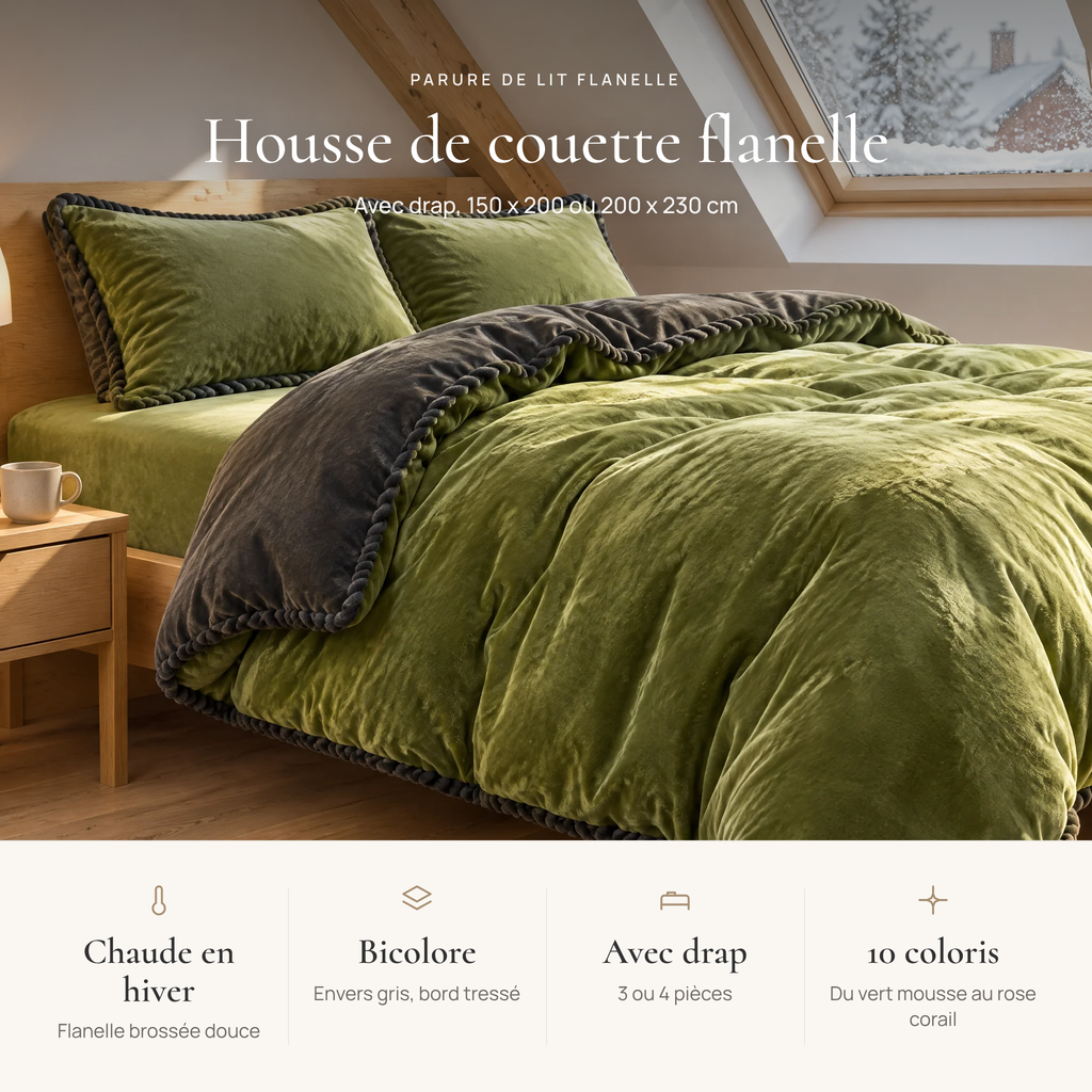 Avantages de la housse de couette flanelle : chaude en hiver, bicolore avec bord tressé, avec drap, 10 coloris