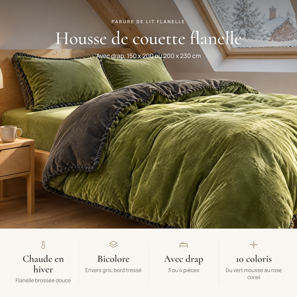 Avantages de la housse de couette flanelle : chaude en hiver, bicolore avec bord tressé, avec drap, 10 coloris